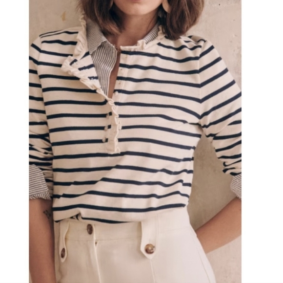 SÉZANE Gael Marienere Ecru Navy Ruffle Edge Button Front Pullover Top XL EUC - Picture 3 of 11